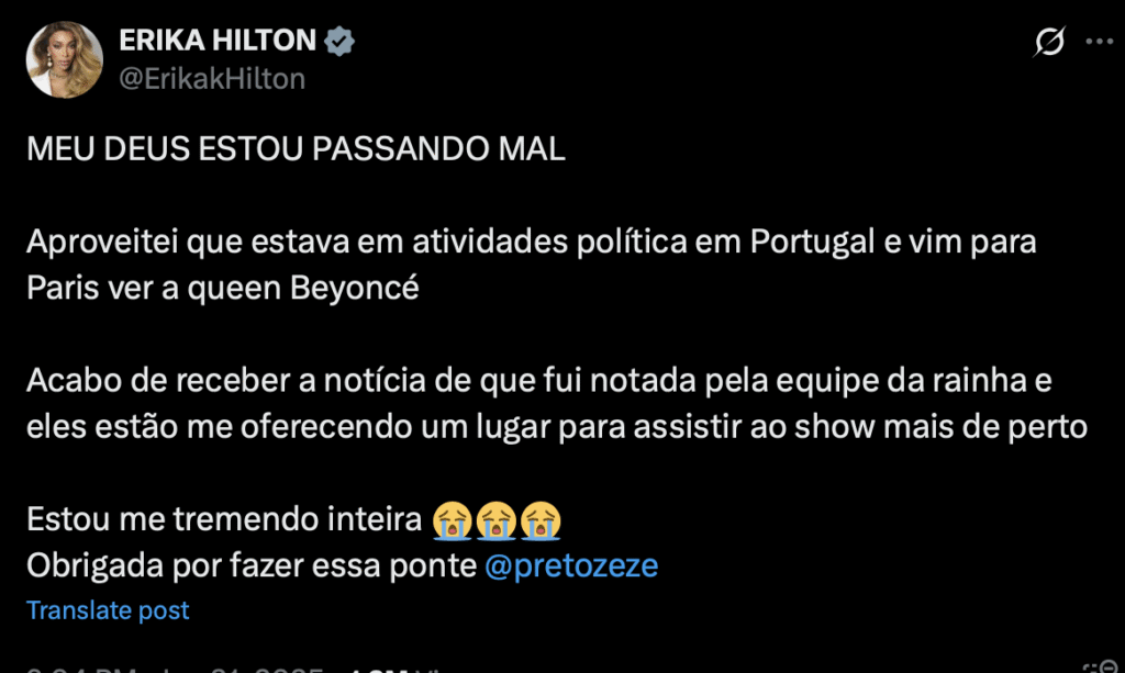 Deputada Erika Hilton viaja à Paris para show da Beyoncé